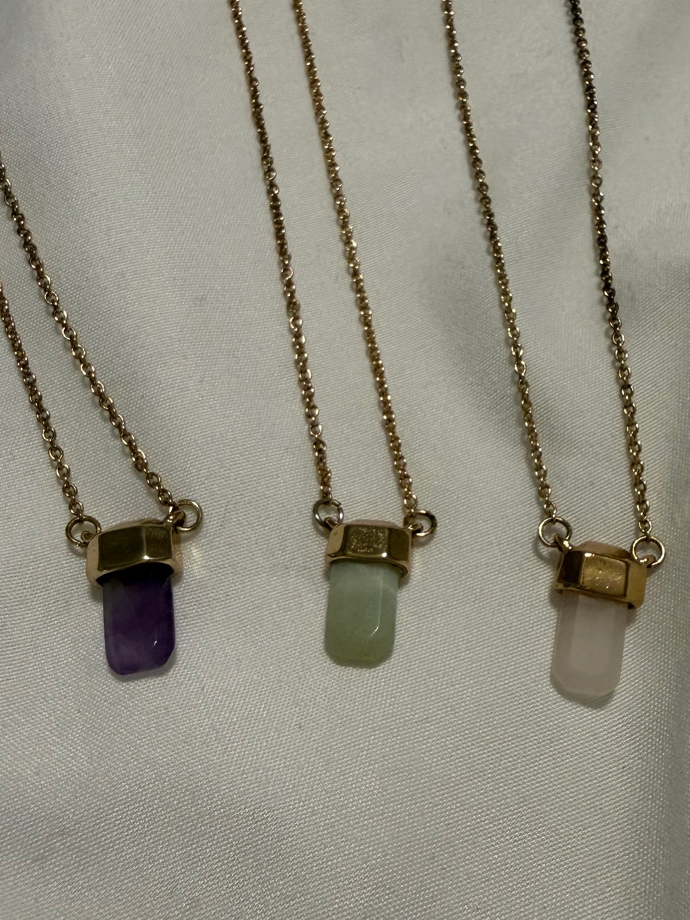 3pc Gold Pendant Necklaces with Green, Purple, and Light Pink Crystal Points